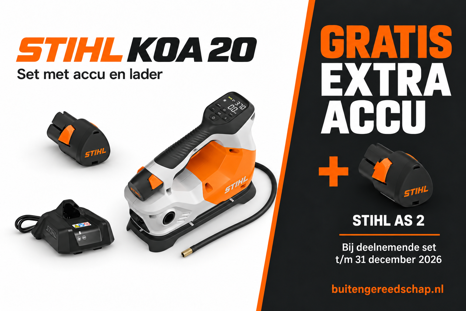 STIHL KOA 20 set met accu en lader, plus 1 gratis extra AS 2-accu